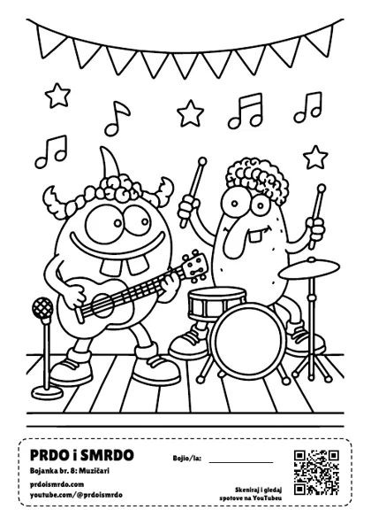Bojanka Muzičari – Prdo i Smrdo crtež za bojenje za djecu