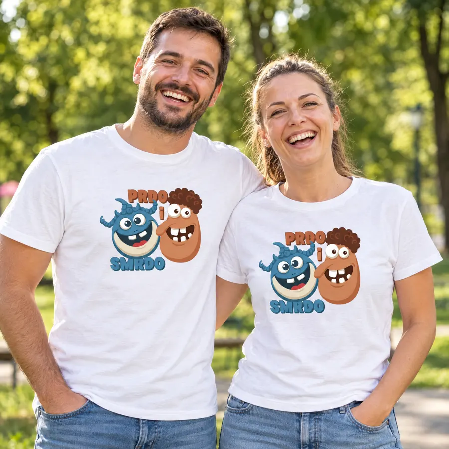 Mama i tata u bijelim Prdo i Smrdo majicama